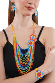 Flower Beaded Jewelry Set: Multicolor Seed Bead Necklace, Bracelet & Earrings